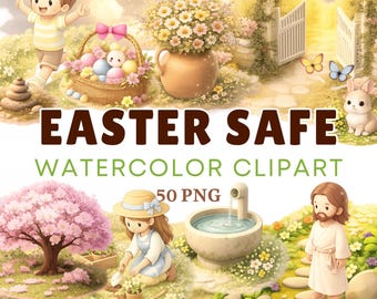Easter Safe Watercolor Clipart Bundle | 50 PNG Pastel Spring Christian Graphics