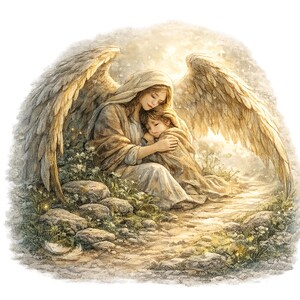 May include: A digital illustration depicts an angel with large, feathered wings embracing a child. The angel wears a flowing robe, and the child is wrapped in a blanket. The scene is set in a serene, outdoor environment with soft lighting and a path.