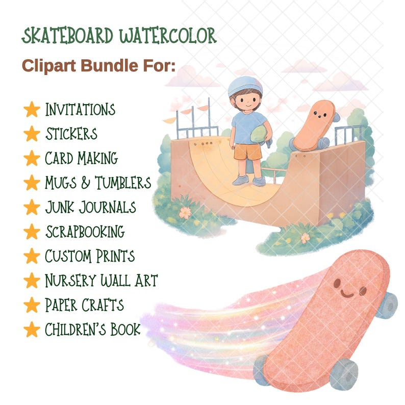 Skating Ramp Sticker Skateboard PNG Clipart Set | 50 Watercolor Skater Kids, Ramps, Boards ...