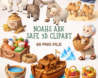 Könnte beinhalten: Eine Sammlung von 3D-Clipart-Illustrationen zum Thema Arche Noah. Das Bild zeigt verschiedene Tiere, Noah, eine Holz-Arche, Körbe mit Lebensmitteln und den Text "NOAHS ARK SAFE 3D CLIPART" und "60 PNG FILE".