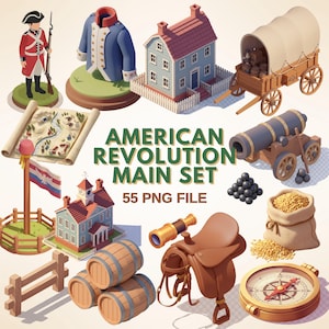 May include: An illustration of an American Revolution main set with various elements. Includes a soldier, a blue coat, a house, a covered wagon, a map, a flag, a cannon, barrels, a saddle, a spyglass, a compass, and a bag of grain. The text "AMERICAN REVOLUTION MAIN SET" is displayed.