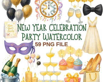 New Year Party Watercolor Clipart | 2025 Celebration PNG Set | Champagne, Balloons & Fireworks Clip Art