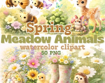 Spring Meadow Animals Watercolor Clipart Bundle | 50 PNG Cute Woodland Baby Animals, Bees, Flowers & Easter Art