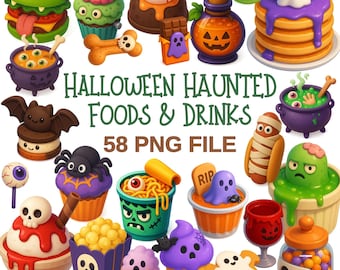Halloween Food Clipart Bundle – 58 Spooky Kawaii PNG Graphics (Digital Download)