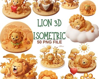 Clipart 3D z motywem zwierząt safari – zestaw lew PNG, grafika do pokoju dziecięcego (50 plików) (pobranie cyfrowe)