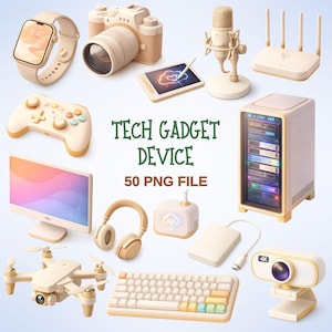 May include: A collection of tech gadgets in a cream and gold color scheme, including a smartwatch, camera, tablet, microphone, router, game controller, monitor, headphones, drone, keyboard, webcam, and server. The image includes the text "TECH GADGET DEVICE 50 PNG FILE."