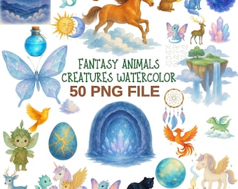 Bundle PNG d'animaux fantastiques et de créatures magiques - Clipart aquarelle pour créations et sublimation de contes de fées