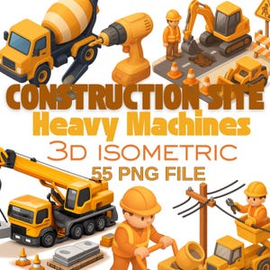 Pode incluir: Ilustração isométrica de um canteiro de obras com máquinas pesadas. A imagem apresenta uma betoneira, uma furadeira, uma escavadeira, um caminhão-guindaste e trabalhadores da construção. O texto diz "CONSTRUCTION SITE Heavy Machines 3D ISOMETRIC 55 PNG FILE."