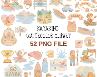 May include: Watercolor clipart set featuring kayaking-themed illustrations. Includes images of kayaks, paddles, people kayaking, camping scenes, and text that reads "Kayaking Watercolor Clipart" and "52 PNG FILE". The color palette is soft and pastel.