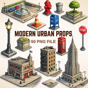 May include: An illustration of various modern urban props, including a fountain, fire hydrant, mailbox, street lamp, buildings, and a stop sign. The image includes the text "MODERN URBAN PROPS" and "50 PNG FILE".
