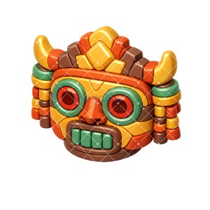 May include: A colorful, stylized mask with a tribal design. The mask features a combination of orange, yellow, brown, and green hues. It has large, round eyes with red centers, a prominent nose, and a mouth with green teeth. The mask has curved horns.