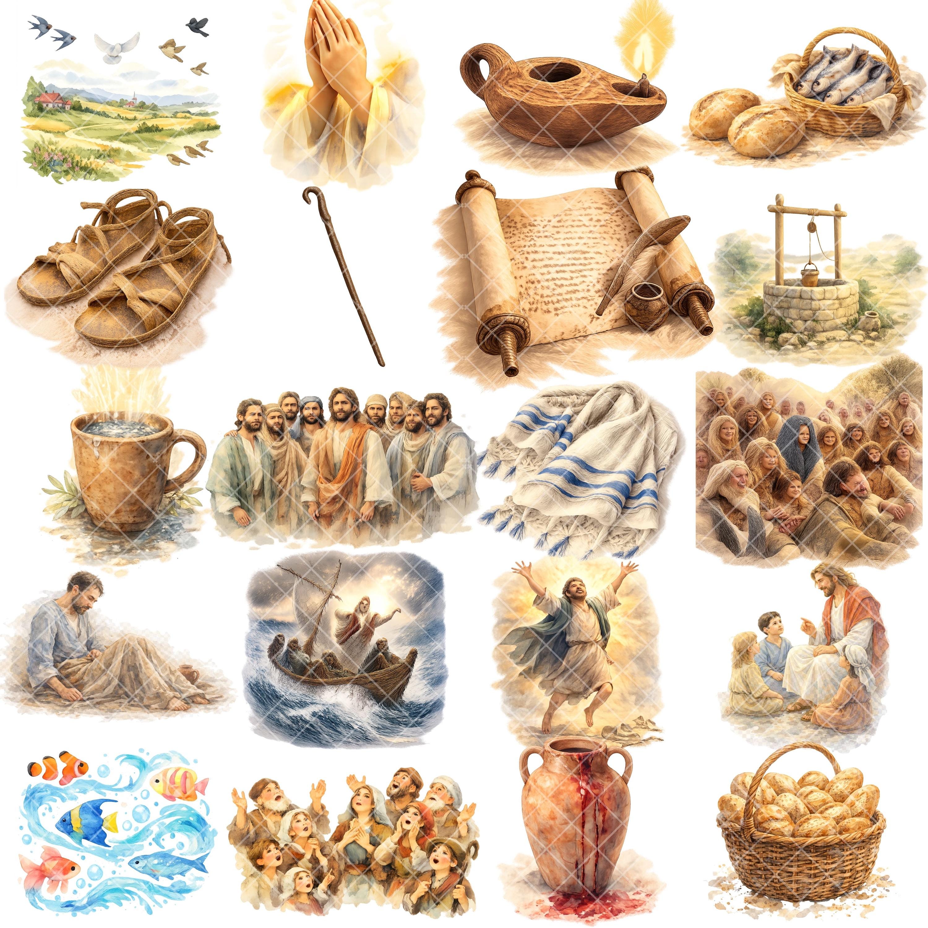 Miracles of Jesus Clipart – 50 PNG Watercolor Bible Scenes for Faith ...