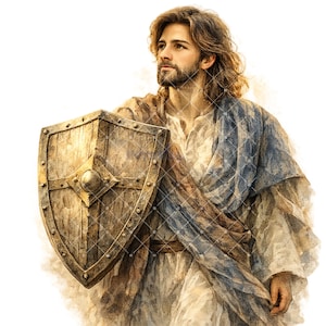 May include: A digital illustration of a person with long brown hair and a beard, wearing a robe and holding a wooden shield. The shield has metal accents and a central boss. The person is looking upwards with a contemplative expression.