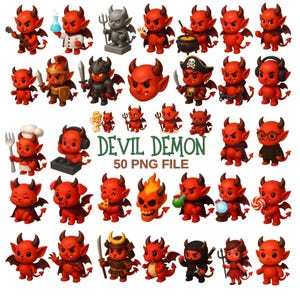 Może przedstawiać: Kolekcja 50 plików PNG przedstawiających kreskówkowe diabły i demony w różnych pozach i kostiumach. Czerwone diabły mają rogi i skrzydła, niektóre trzymają przedmioty takie jak trójzęby i miecze. Widoczny jest również tekst "DEVIL DEMON 50 PNG FILE".