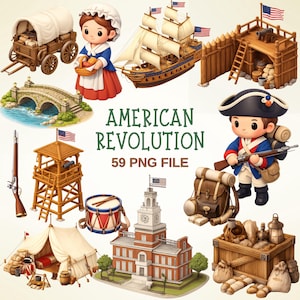 May include: A set of illustrations depicting the American Revolution. The image includes a sailing ship, a woman in colonial dress, a fort, a soldier, a bridge, a watchtower, a drum, a tent, a building, and a covered wagon. The text "AMERICAN REVOLUTION 59 PNG FILE" is visible.