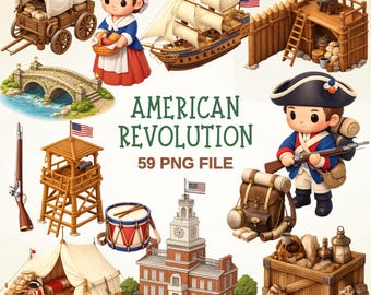 Imágenes prediseñadas de la Revolución Americana / Soldados coloniales, edificios históricos (59 PNG)