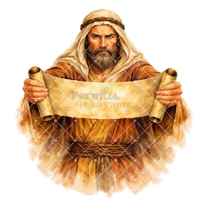 May include: Watercolor illustration of a man with a beard, wearing a head covering and robe, holding a scroll. The scroll has text on it. The man has a serious expression. The color palette includes shades of brown, tan, and gold.
