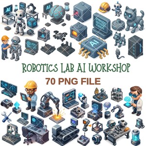May include: A collection of colorful, cartoon-style illustrations related to robotics and artificial intelligence. The image includes robots, computer screens, and lab equipment, with the text "ROBOTICS LAB AI WORKSHOP" and "70 PNG FILE".