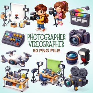 Op de afbeelding: Digitale illustraties van foto- en videoapparatuur. Bevat camera's, lampen, een drone en stripfiguren met camera's. De tekst luidt "PHOTOGRAPHER VIDEOGRAPHER 50 PNG FILE."