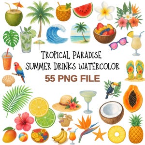 Tropical Paradise and Summer Drinks Watercolor Clipart | Beach and Vacation PNG Set