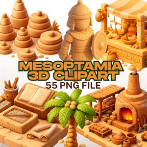 Puede incluir: Una colección de elementos de clipart 3D con temática mesopotámica. La imagen presenta una variedad de objetos de color beige, incluyendo una figura de guerrero, un puesto de mercado, una palmera y varios elementos arquitectónicos. También se ve el texto "MESOPOTAMIA 3D CLIPART" y "55 PNG FILE".