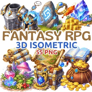 May include: A digital illustration of fantasy RPG elements. The image includes a chest plate, helmet, ring, crystals, coins, scrolls, a map, a treasure chest, and a potion bottle. Text reads "FANTASY RPG 3D ISOMETRIC 55 PNG."