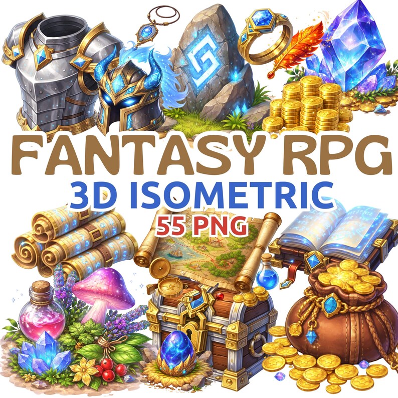 RPG Game Assets Clipart | 3D Isometric Fantasy Items (PNG Digital ...
