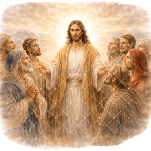 Könnte beinhalten: Aquarellillustration von Jesus mit ausgestreckten Armen, umgeben von einer Gruppe von Männern. Jesus trägt ein weißes Gewand und einen beigen Umhang, mit hellem Licht hinter ihm. Die Männer sind in Gewändern gekleidet und blicken zu Jesus auf.