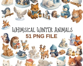 Winterdieren PNG-clipartbundel – 51 bos- en poolillustraties (digitale download)