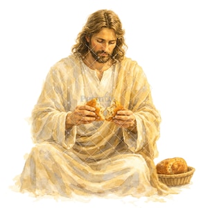 Può includere: Illustrazione di una figura in una veste color crema, che spezza il pane. La figura ha lunghi capelli castani e barba. Un pane si trova in un cesto di vimini a destra.