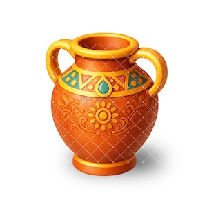 May include: A decorative terracotta-colored vase with two handles. The vase features a detailed design with a yellow rim, handles, and accents. The body of the vase has a floral pattern and a central sun-like design. Teal and yellow geometric shapes adorn the neck.