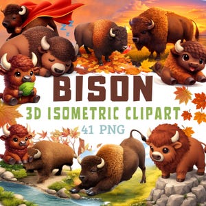 May include: A collection of 3D isometric clipart featuring bison in various poses. The bison are depicted in shades of brown and red, with some wearing capes or sleeping. The image includes text that reads "BISON" and "3D ISOMETRIC CLIPART 41 PNG."