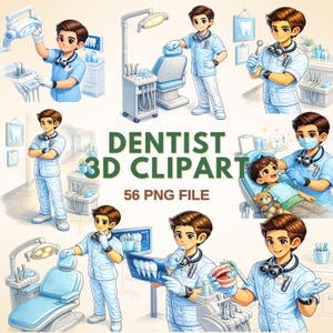 May include: A collection of cartoon dentist clipart images. The dentist is depicted in various poses, including examining teeth, using dental tools, and interacting with a patient. The images are in a digital art style, with a light blue and white color scheme.
