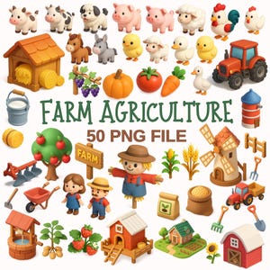Op de afbeelding: Een verzameling kleurrijke illustraties met boerderijthema, waaronder dieren, gewassen en gebouwen. De afbeelding bevat een tractor, windmolen en vogelverschrikker. De tekst "FARM AGRICULTURE 50 PNG FILE" is groen weergegeven.