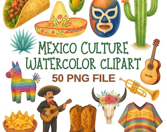 50 Mexico Culture PNG | Watercolor Clipart Set with Fiesta Elements, Lucha Mask, Cactus, Food, Music & Decor