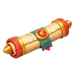 May include: A rolled parchment scroll with red, gold, and teal accents. The scroll is secured with a teal band and a gold clasp with a red emblem. The ends of the scroll are capped with gold and red details.