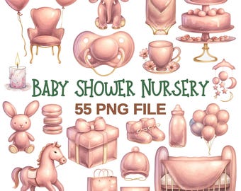 Pink Baby Shower Clipart | Watercolor Nursery PNG Set (55 Files)