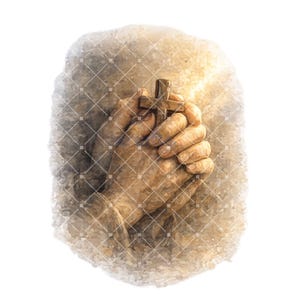 Peut inclure: Illustration à l'aquarelle de mains jointes en prière, tenant une croix en bois. L'image a un aspect doux et texturé avec des tons chauds et terreux et un arrière-plan lumineux, suggérant un thème spirituel.