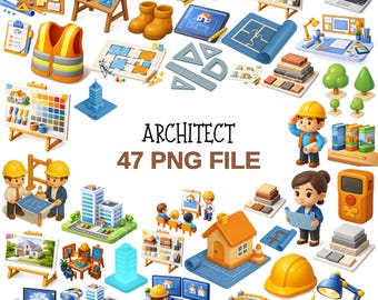 Pakiet clipartów PNG z architektem | 47 narzędzi i postaci architektonicznych | Urocze ikony konstrukcji i budynków | Pobieranie cyfrowe
