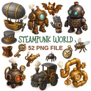 Könnte beinhalten: Eine Sammlung digitaler Illustrationen im Steampunk-Stil. Enthält einen Heißluftballon, Roboter, eine Fledermaus, eine Hand, einen Zylinder, ein Korsett, einen Schlüssel, eine Pistole, eine Spinne, eine Taschenuhr, eine Biene, einen Zug und Rohre. Der Text "STEAMPUNK WORLD" und "52 PNG FILE" sind ebenfalls vorhanden.