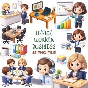 Peut inclure: Illustrations de style dessin animé représentant des employés de bureau et des éléments liés au monde des affaires. L'image comprend des bureaux, des ordinateurs, des graphiques et des tables de réunion. Le texte indique "OFFICE WORKER BUSINESS 48 PNG FILE."