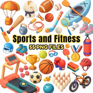 May include: A collection of illustrated sports and fitness equipment, including a football, baseball, basketball, and a treadmill. The image also features a parachute, roller skates, and a bicycle. Text reads "Sports and Fitness 55 PNG FILES."