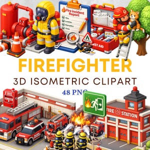 以下が含まれることがあります： 消防士に関連するさまざまな要素を特徴とする、カラフルな 3D 等角図クリップアートセット。 画像には、保護服を着た消防士、消防車、消防署、救急箱が含まれています。 画像のテキストは「FIREFIGHTER 3D ISOMETRIC CLIPART 48 PNG」と表示されています。