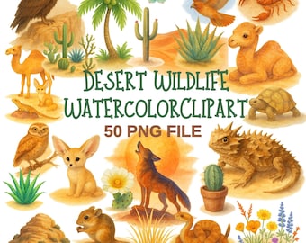 Desert Wildlife Watercolor Clipart Bundle - PNG Animals, Cactus, Scenery for Nature Crafts