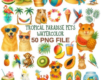 Tropical Pets Watercolor Clipart – Summer PNG Bundle (50 Files)