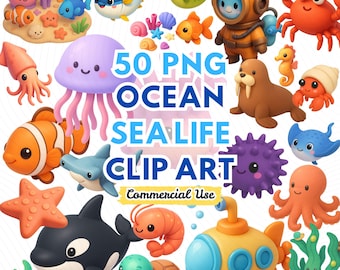 Ocean Sea Life Clipart: 3D Marine Animals PNG Bundle (51 Items)