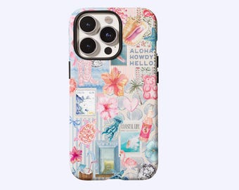 ビーチーブルーコケット沿岸コラージュプレッピーキュート美的ケース、サマーバイブススマホケース、iPhone 17 16 15 14 13 12 11 ProMax、Samsung S25 S26