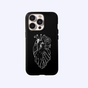 Anatomical Heart with Rose Line Art Phone Case,Gothic Black & White Print,For iphone 17 16 15 14 13 12 11 Pro Max,Sumsung S26 S25,Magsafe