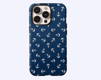 May include: A navy blue phone case with a pattern of white anchors. The case has a glossy finish and is designed to fit a smartphone. The anchor design is repeated across the entire surface of the case.