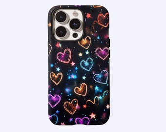 Neon Glitter Heart Star Phone Case,Colorful Starry Love Pattern,For iphone 17-11 Pro Max,Samsung S30-S20 FE Ultra,Magsafe